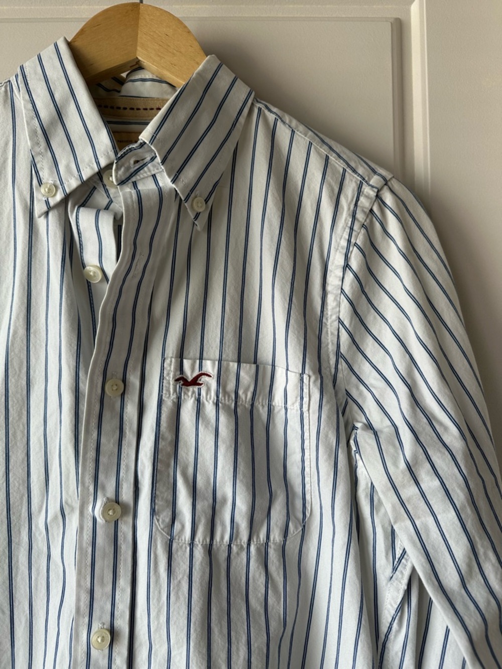 Hollister White Button-Down Shirt with Navy Pinstripes